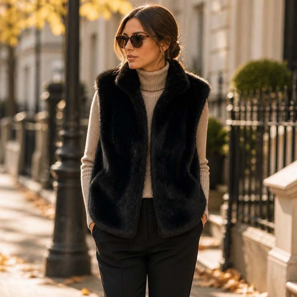 Vince Camuto Black Faux Fur Vest Size L